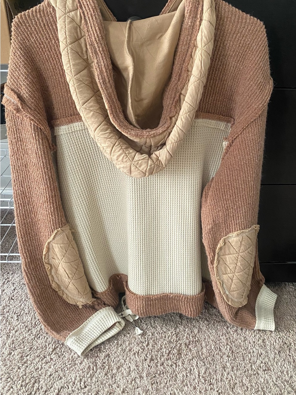 POL Mixed Knit Sweater Jacket in Cream & Brown - Picture 2 of 3